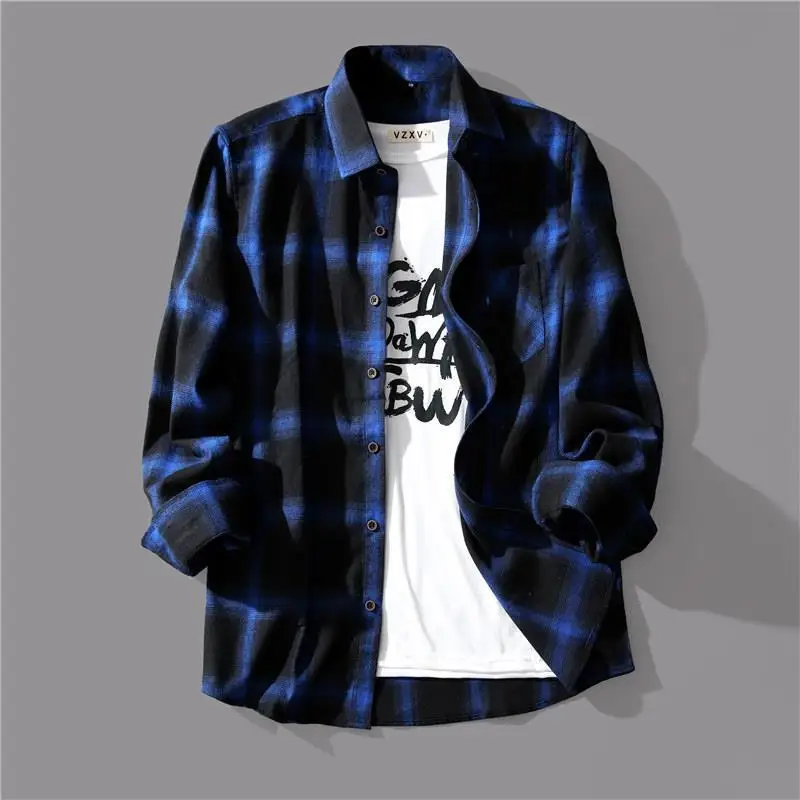 Pure Cotton Black and White Plaid Ontrasting Colors Shirt Men Korean Spring Loose Casual Single-breasted Long Sleeved Tops Coat