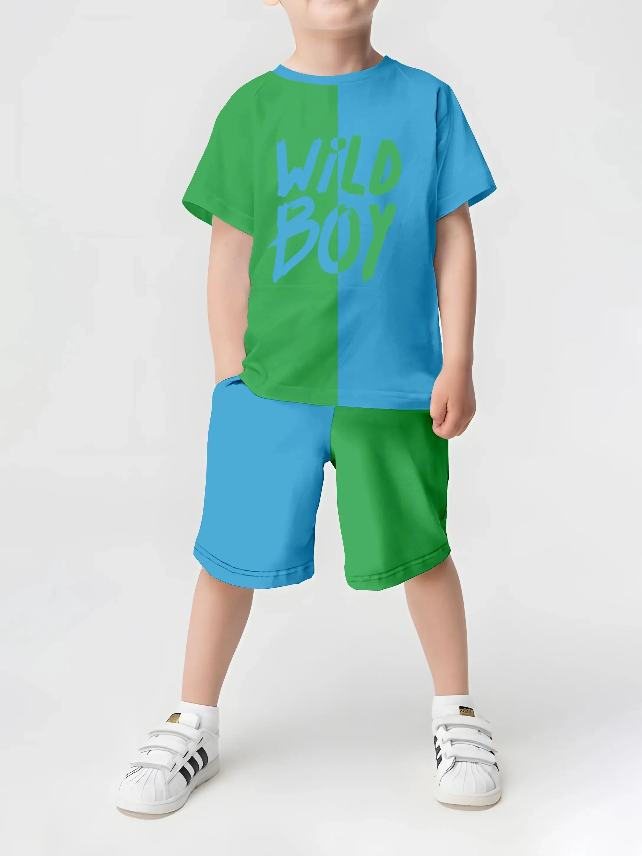 2025 kids summer outfit – short sleeve T-shirt with 3D crown print and shorts for boys and girls. green and blue