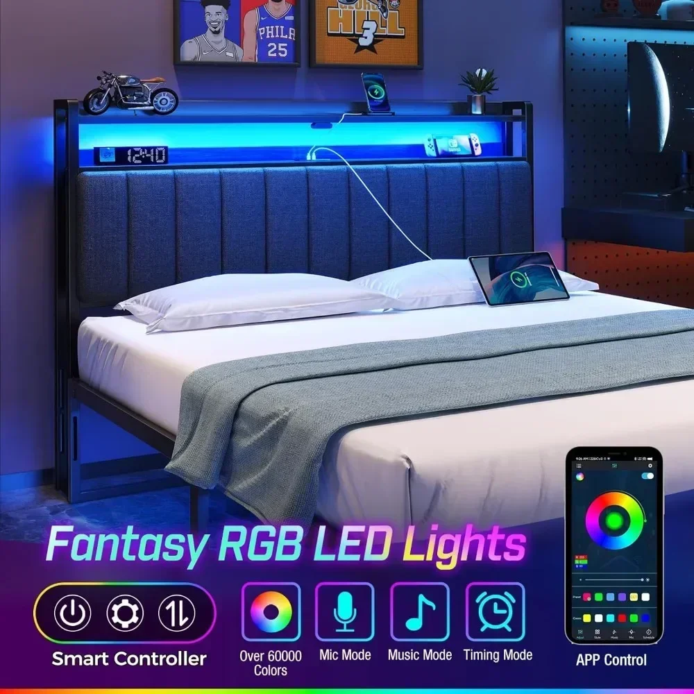 Full bed/twin/king bed headboard with storage space, 60000 DIY LED lights with USB, adjustable height, high quality