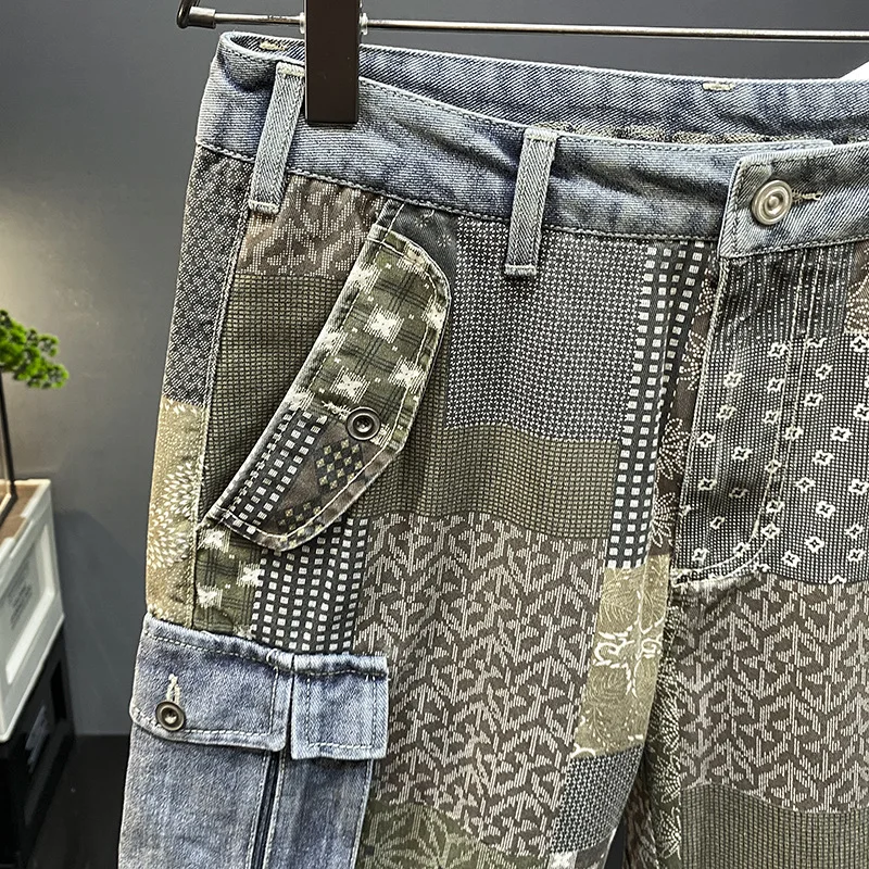 Paisley Denim Shorts Men2024Summer New Versatile Casual Loose Straight Street Tide Brand Workwear Five-Point Pants