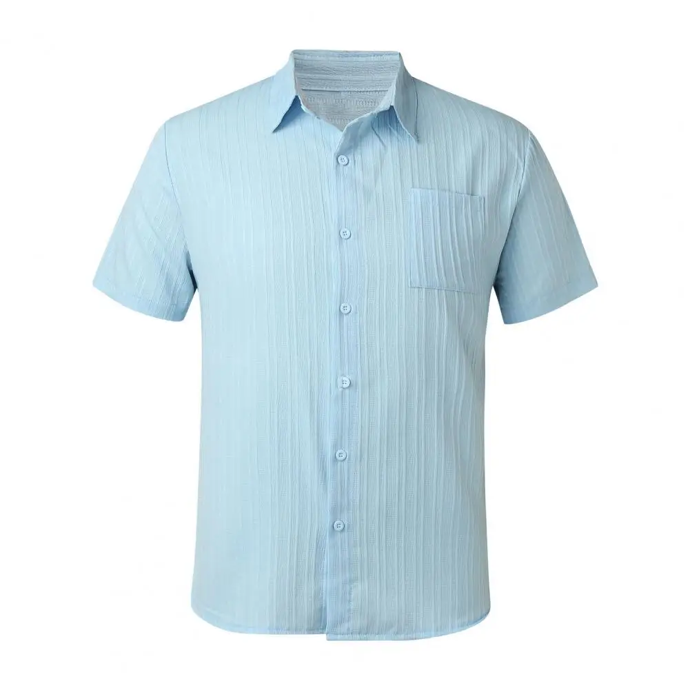 

Vertical Stripe Design Shirt Stylish Men's Summer Shirt with Turn-down Collar Short Sleeves Chest Pocket Soft for Business