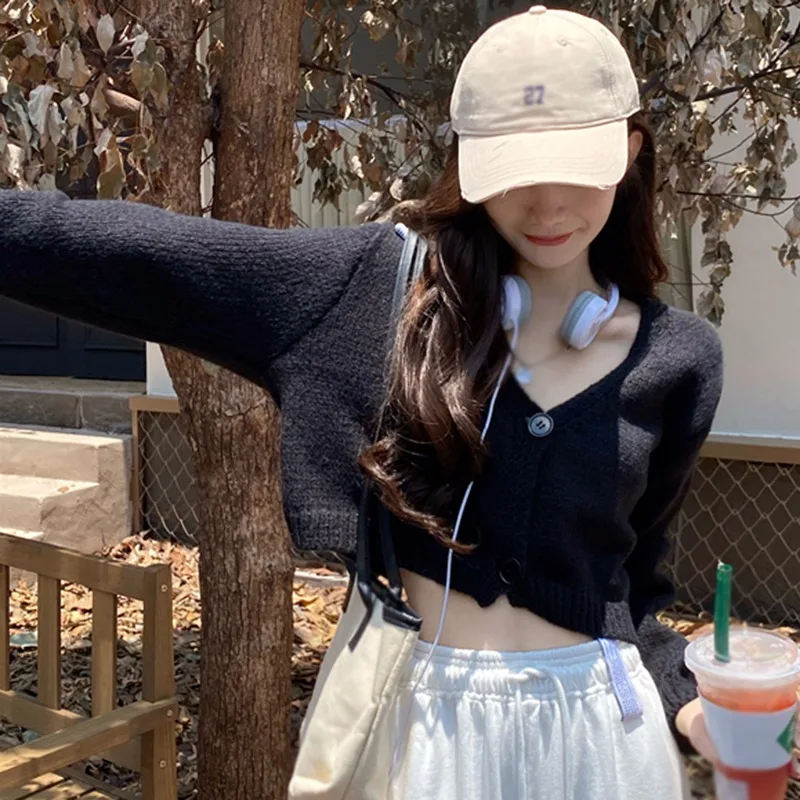 Y2k-cárdigan de punto para mujer, suéter corto coreano de manga larga, Top corto con cuello en V, ropa de moda - Imagen 6