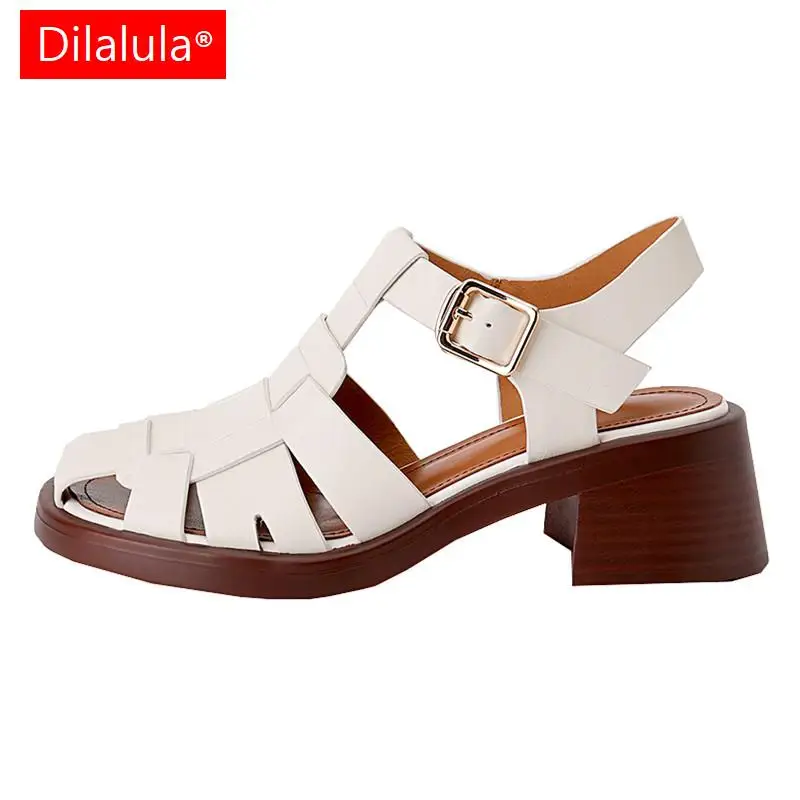 

Dilalula Women Sandals Office Ladies Casual Pumps Genuine Leather Chunk High Heels Rome Style T-Tied Shoes Woman 2022 Summer New
