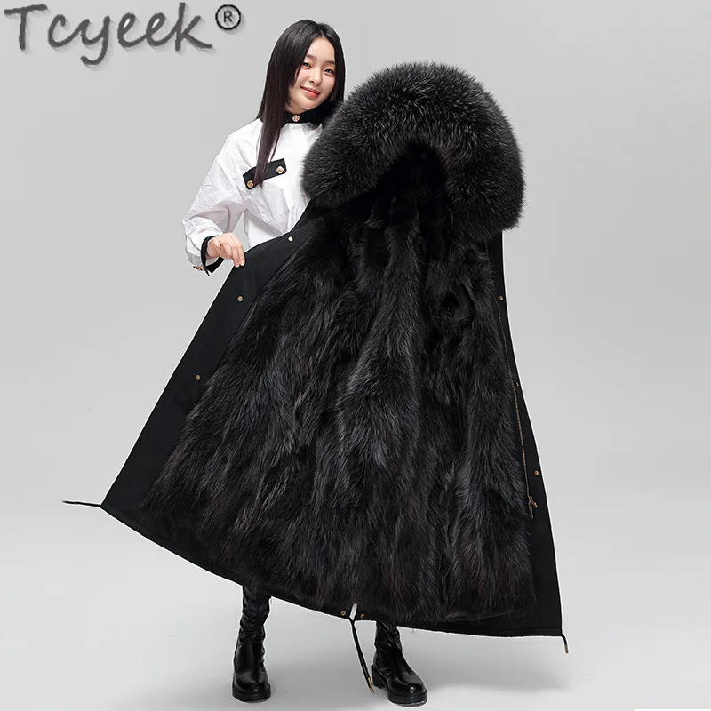 

Tcyeek 2023 Raccoon Fur Collar Winter Clothes Women Warm Fox Fur Liner Detachable Coat Woman Clothes Elegant Real Fur Parka