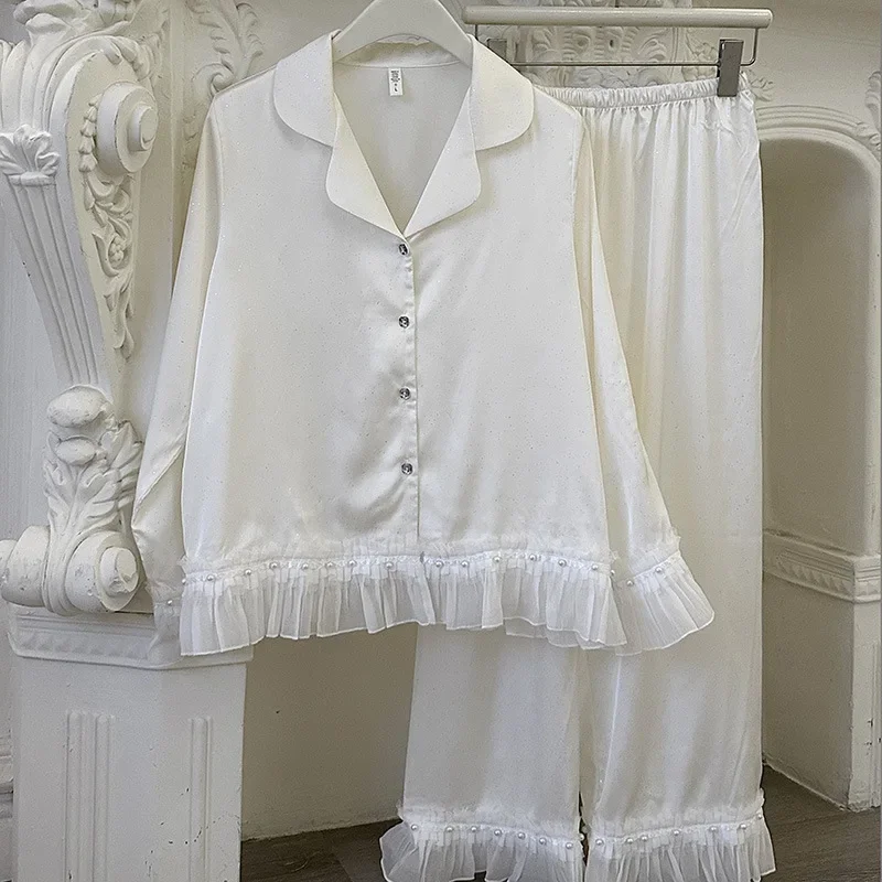 طقم بيجامة حرير نسائي دانتيل كم طويل