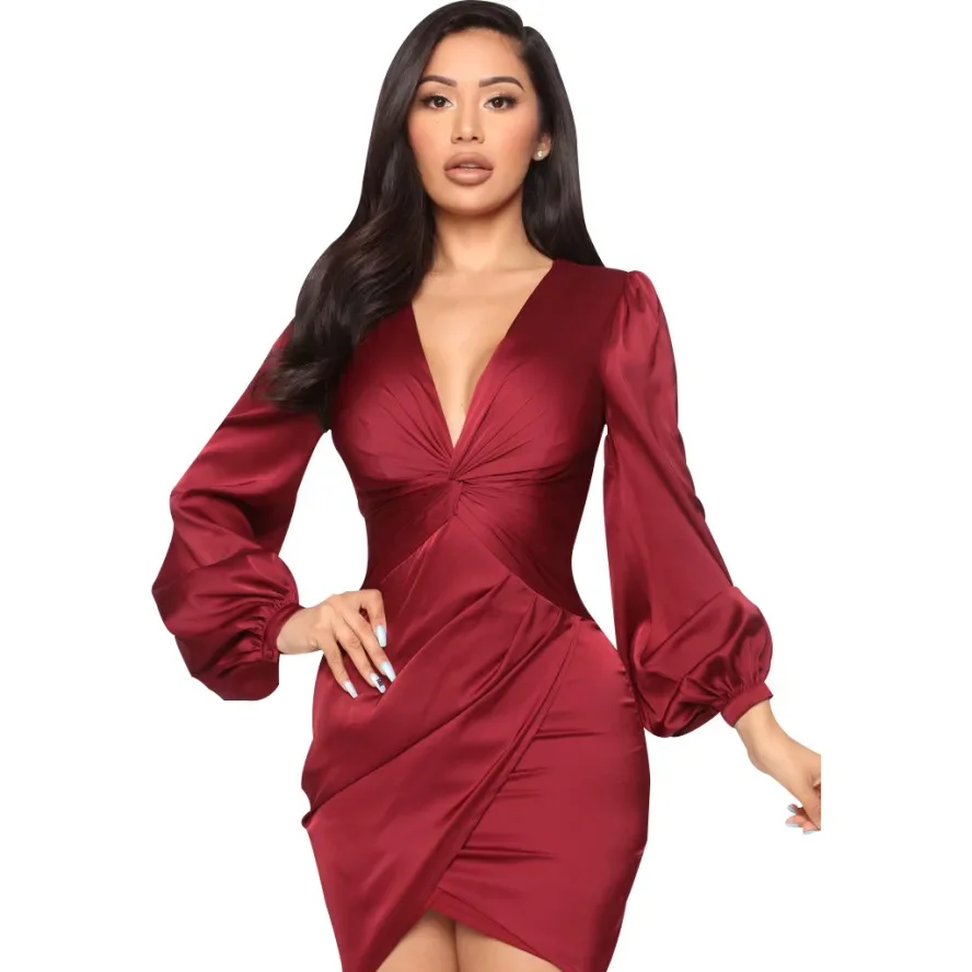 

Silk Midi Dress Elegant Women Lantern Long Sleeve Deep V Neck Ruched Midi Dress Silk Bodycon Sexy Party Dresses Vestidos