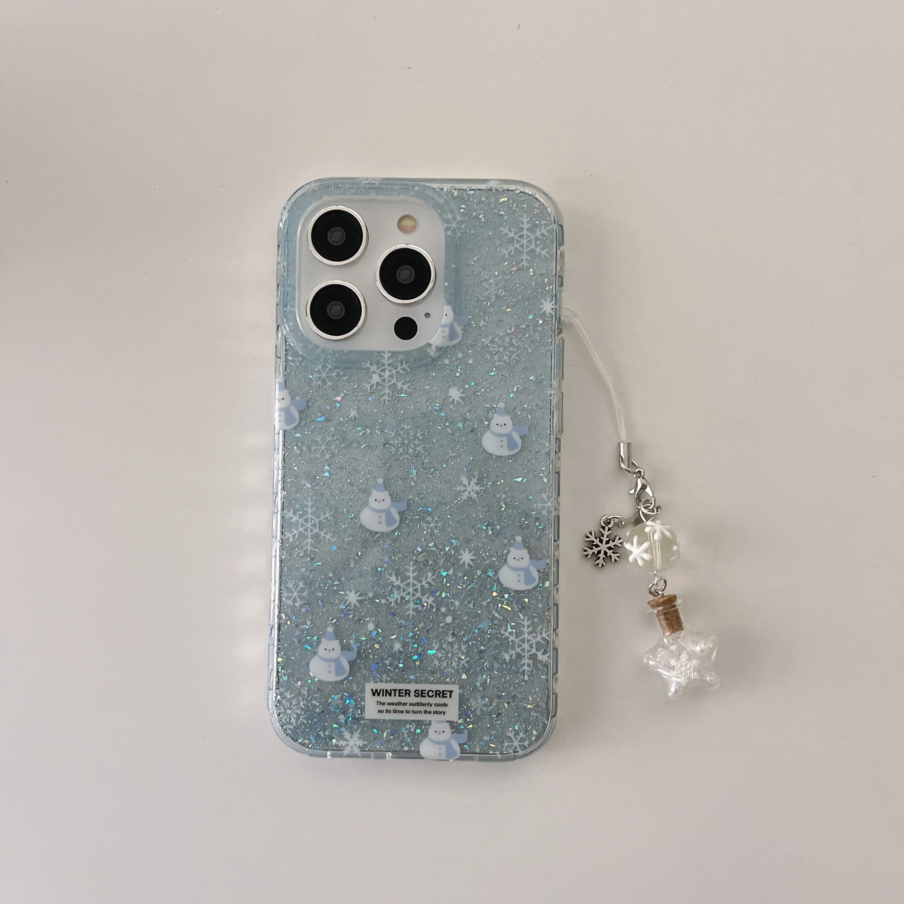 Ins Blue Snowflake Snowman Transparent Glitter Powder Pendant Phone Case for iPhone 16 15 14 13 Pro Max 12 Back Cover Funda