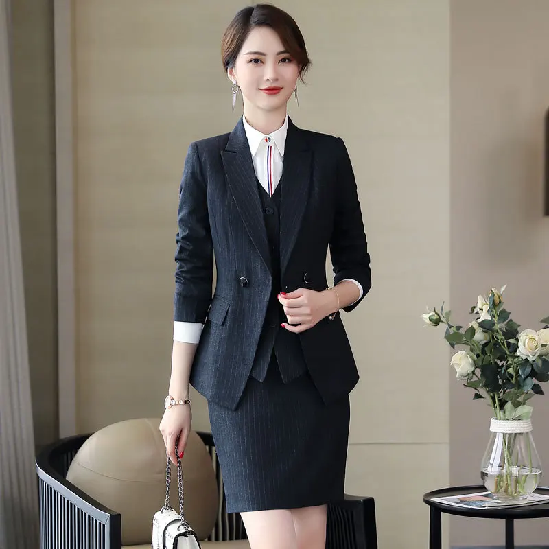 

Autumn Spring Blue Striped Elegant Ladies Suits Formal Set Skirt And Blazer Uniform Business Women Office Work Wear