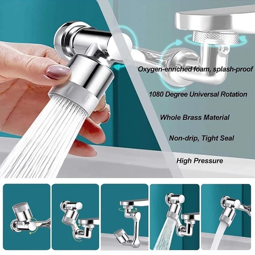 Faucet Extender Stainless steel 1080 &deg;Swivel Water Tap Nozzle Sprayer Universal Bathroom Mixer Aerator 2 Spray Modes