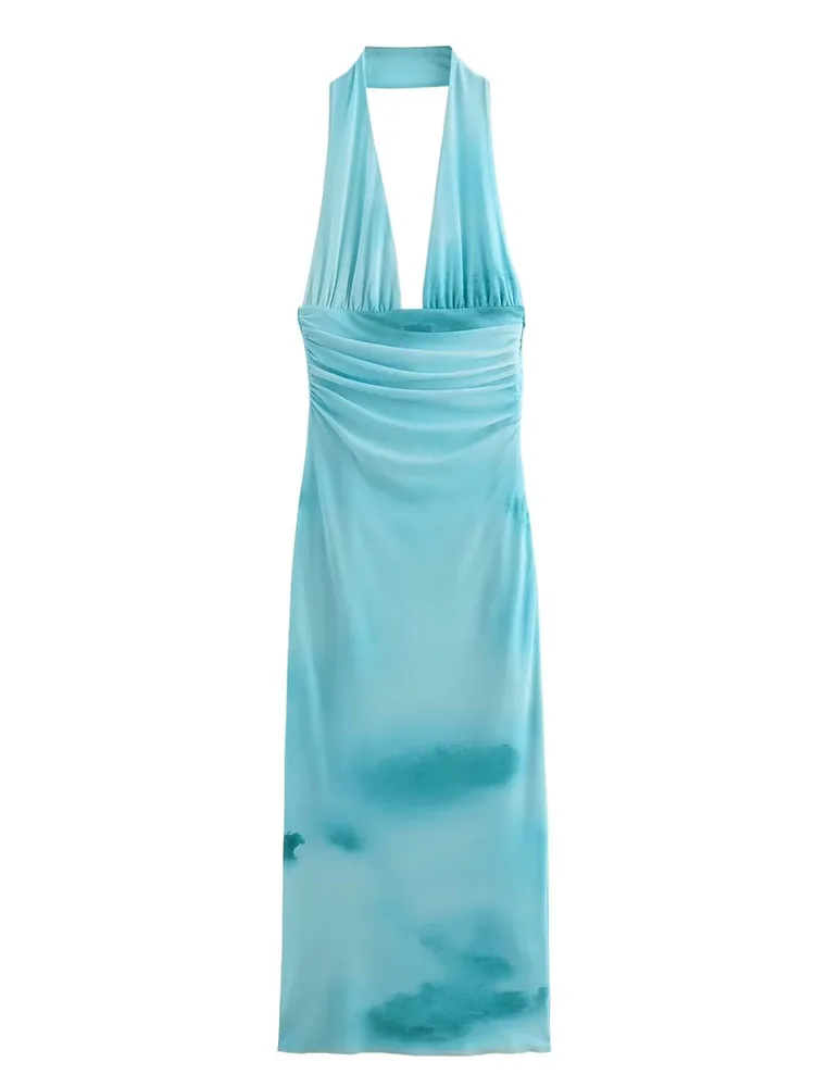 TFMLN 2024 Women Summer Slim Tie-dye Gradient Dress Sexy Backless Dress Woman Folds Elegant Neck-Mounted Slim Long Dresses