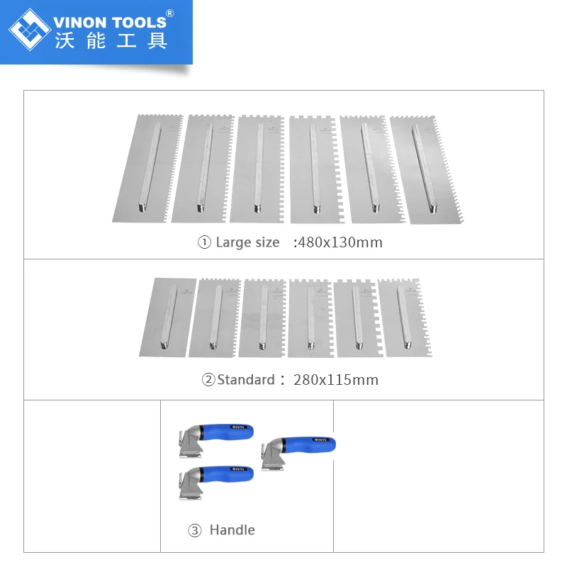 

Stainless Steel Square Jumbo Notched Sawtooth Large Spatula Trowel for Large Format Tiles with 6 Standard and 6 Large Blades