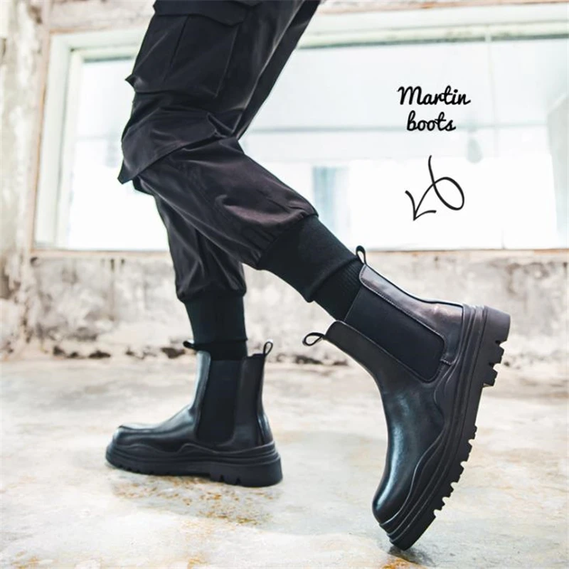 Fashion Mens Martin Sheoes Platform Chelsea Boots Thick Bottom Split Leather Ankle Boots Male Footwear Round Toe Short Boots