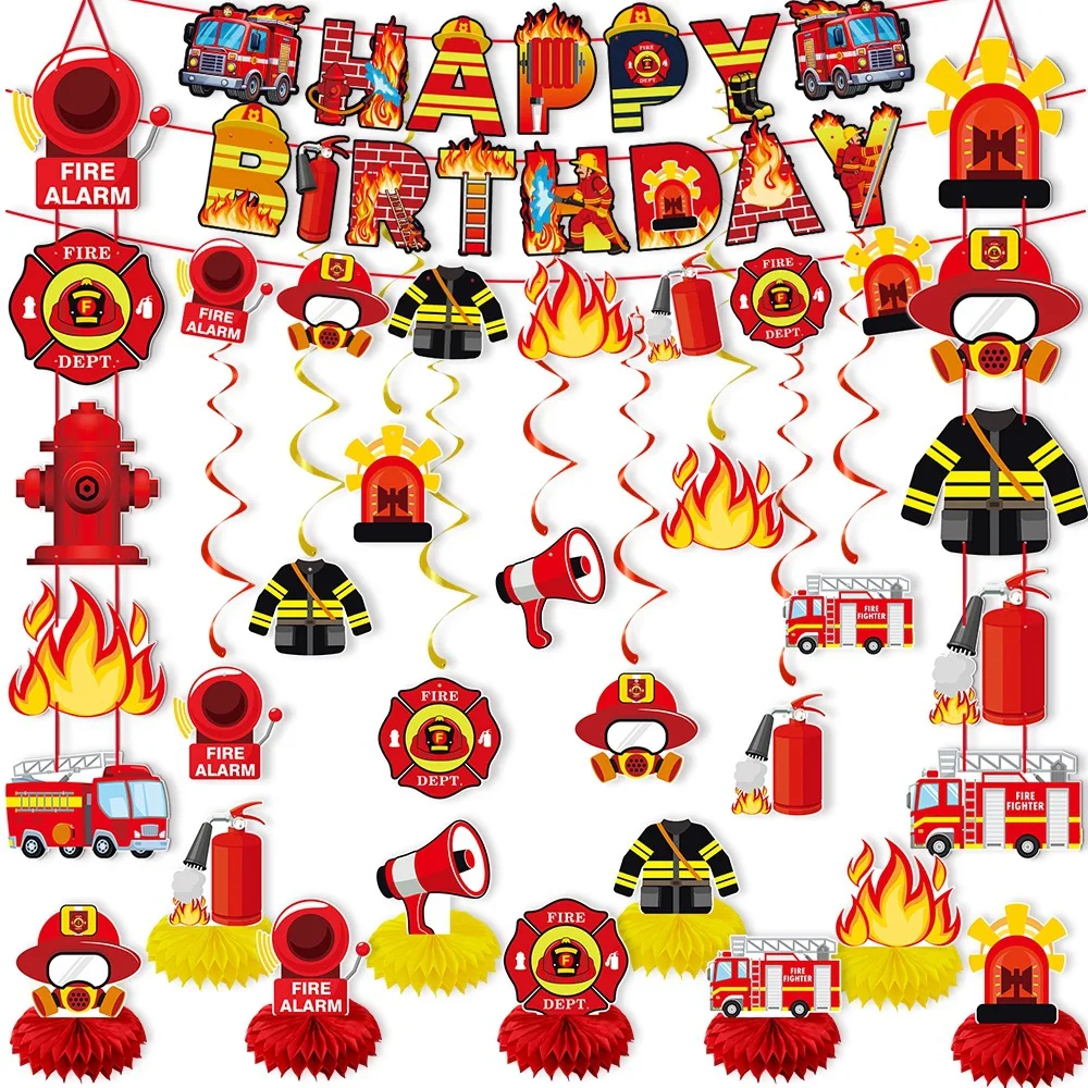 Cartoon Brandbekämpfung Thema Papier Banner Wirbel hängen Feuerwehrauto Cupcake Topper für Kinder Jungen Geburtstag Baby Shower Party Dekor