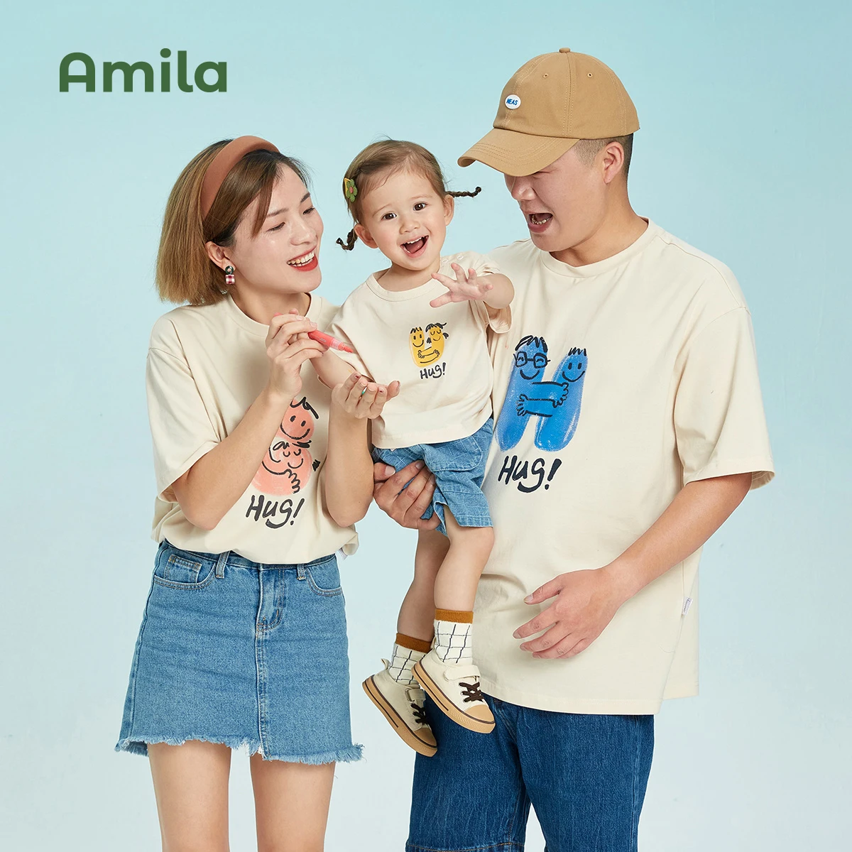 Amila Children's Cothing Family Hort-sleeved T-shirt Parent-child Wear 2022 Summer New Children's Outing Season Cotton Tops 2