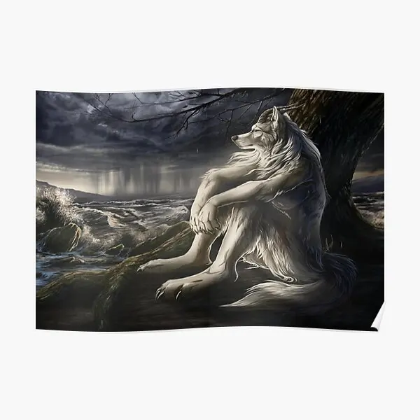 EmoWhiteWolfSittingSadMemePosterPaintingDecorDecorationVintagePicturePrintWall
