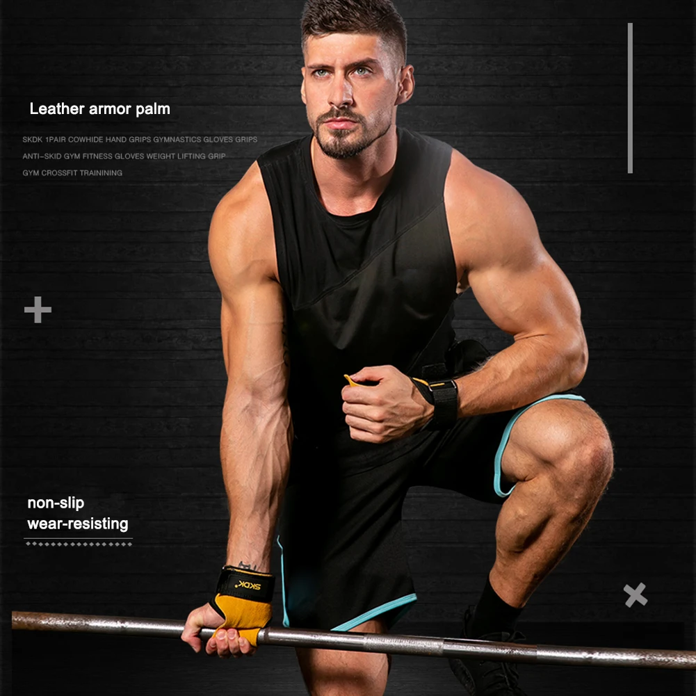 SKDK Leather Weight Lifting Gloves Women Men Training Workout Body Building Grip