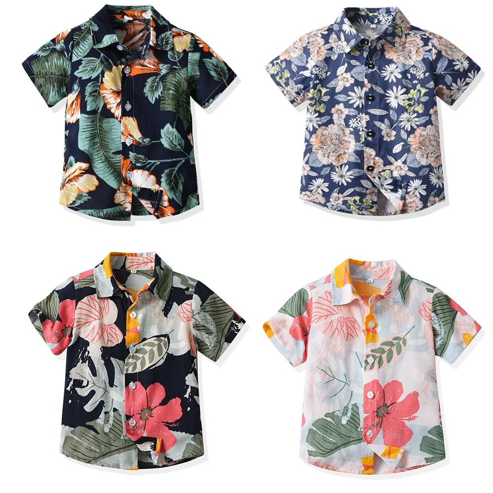 

Summer Short Sleeve Lapel Short Sleeve Hawaiian Printed Shirt 2024 and Son Floral Cotton Casual Cardigan Parent-Child Suit