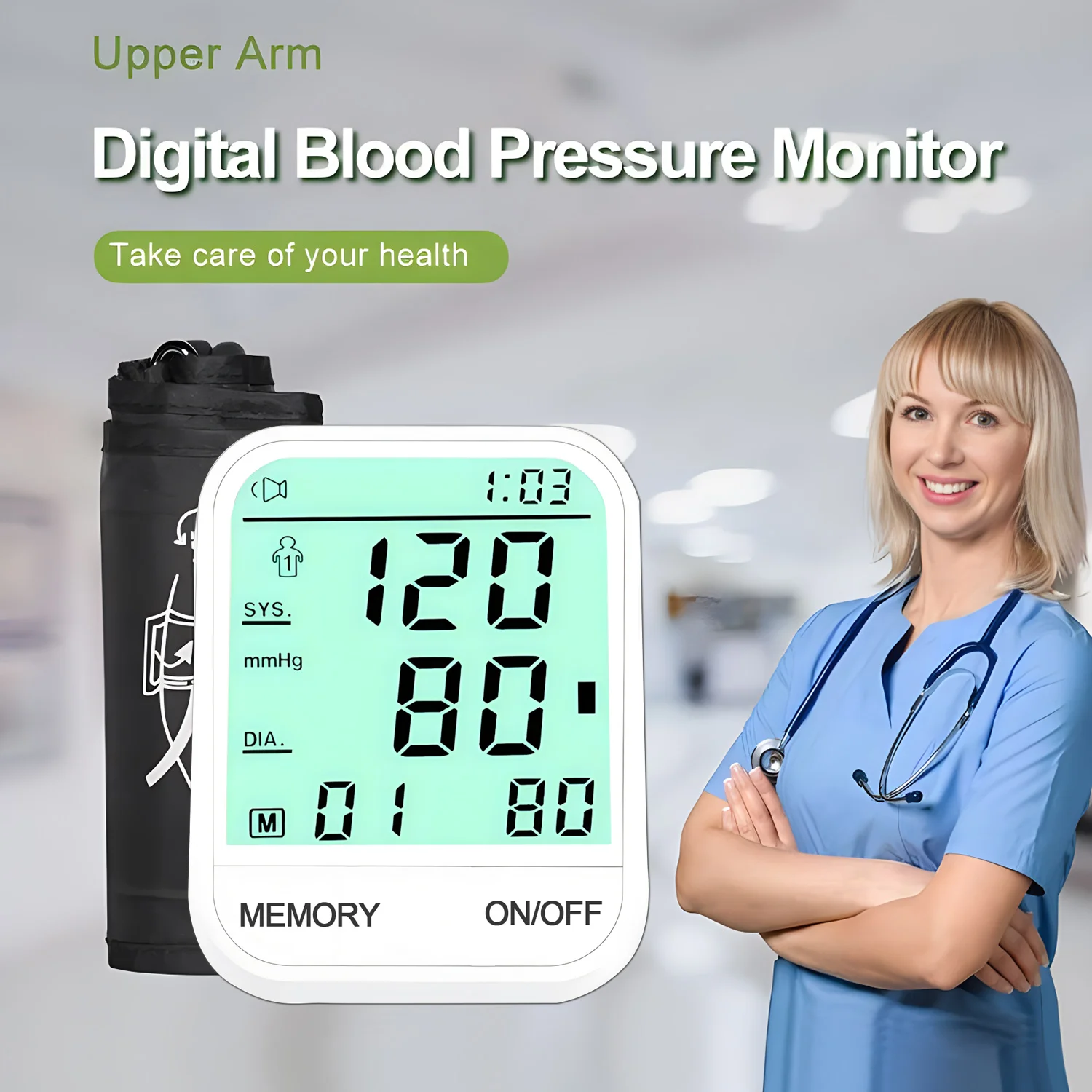 Portable Digital Blood Pressure Monitor Upper Arm Blood Pressure Monitors with Large Cuff Home BP Heart Rate Pulse Meter Monitor