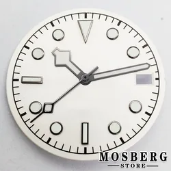 Sterile Luminous Black and Green Watch Dial with Date Window and Hands - 28.5mm (White B with hands)