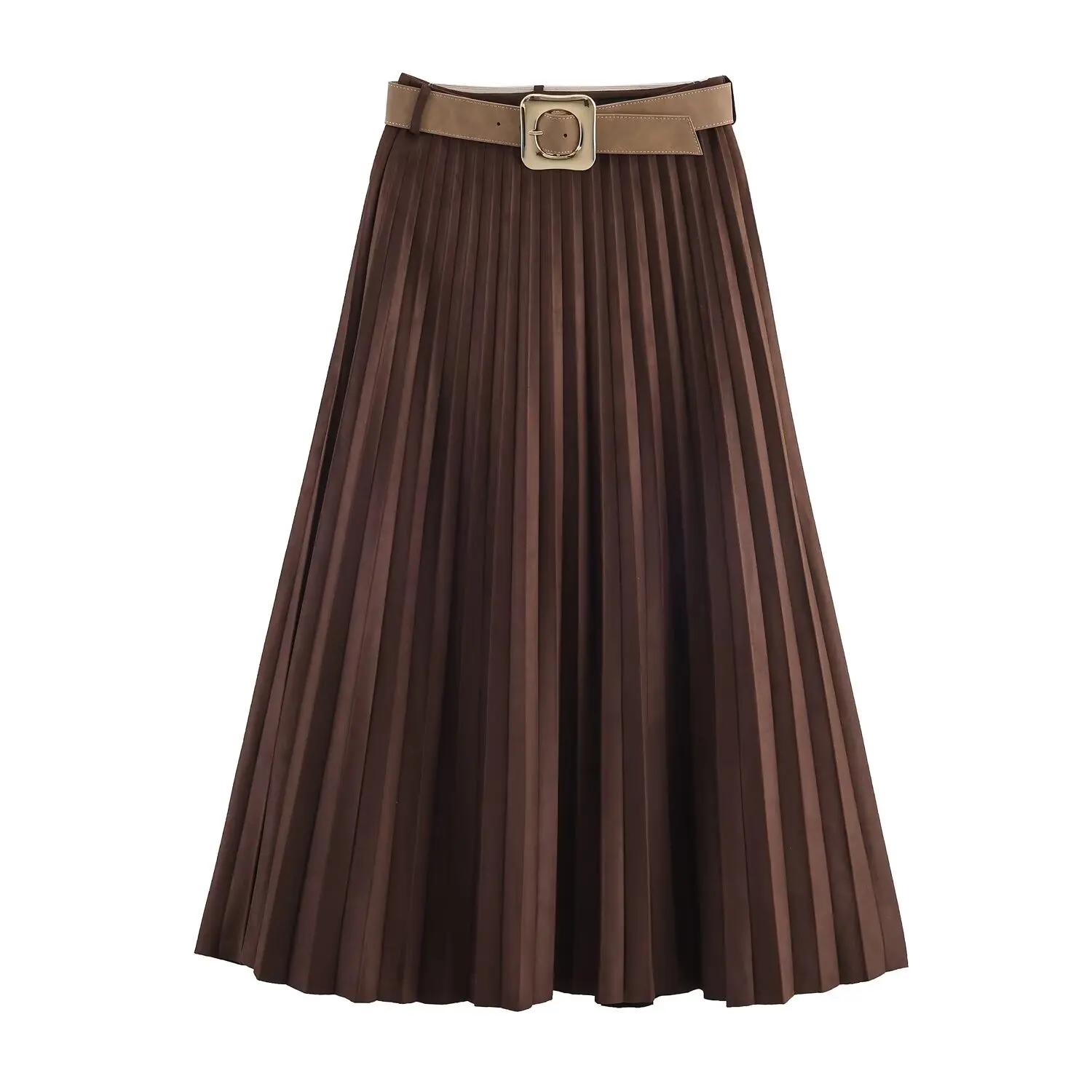 Women's Autumn New Long Skirt Temperament Elegant With Belt Midi Long Skirts Female Solid Pleated Skirt Sagging Sense Streetwear