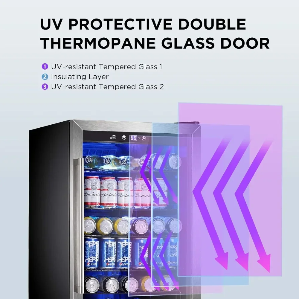 NEW-Wine Cooler 37 Bottle Freestanding Fridge with Stainless Steel Reversible Glass Door, 145 Can Beverage Refrigerator Quiet Co