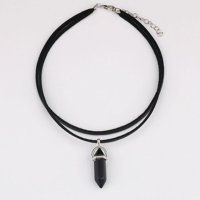 Crystal Chakra Pendulum Pendant Necklaces For Women Teens Girls Hexagonal Stone Leather Choker Chain Statement Necklace