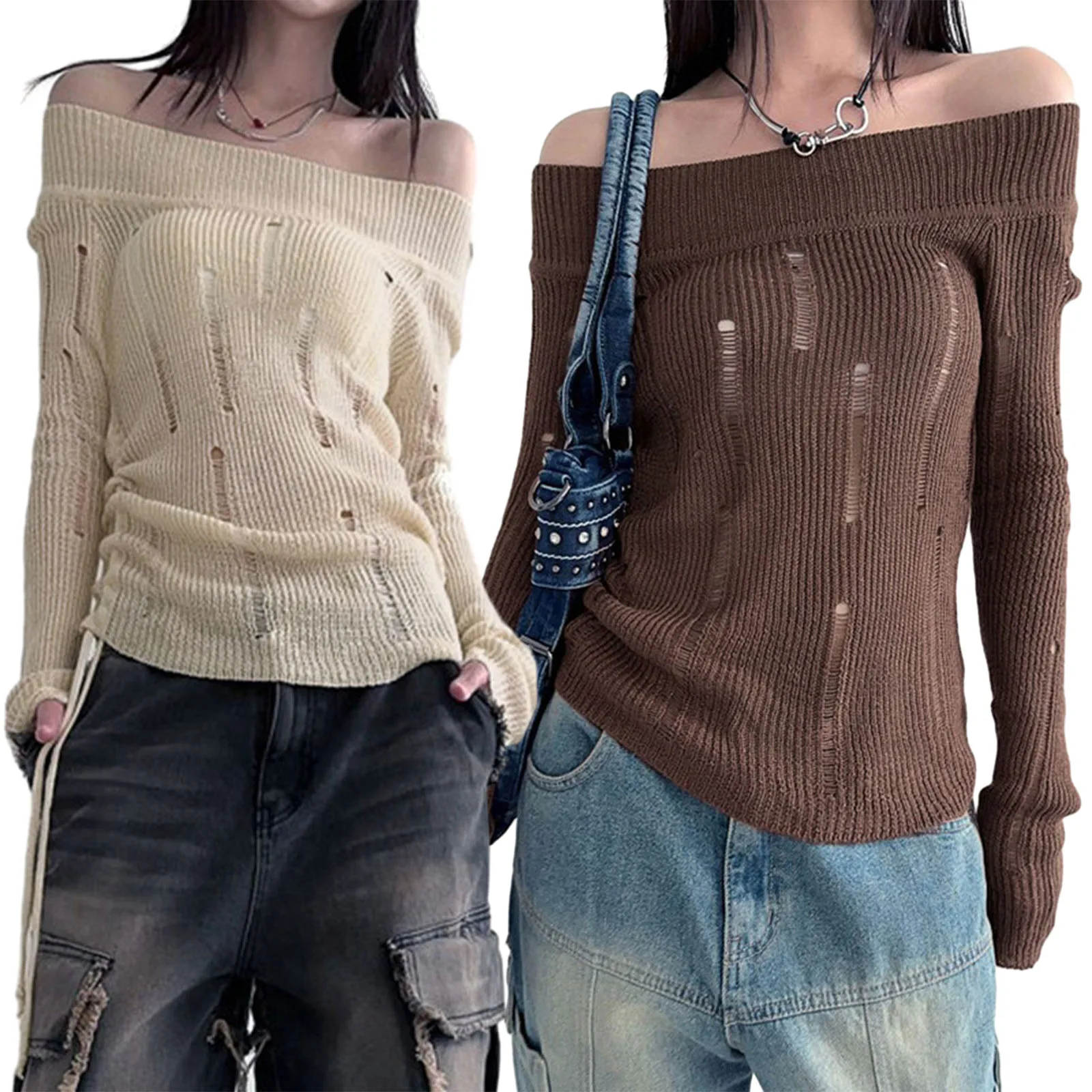 

Women’s Ripped Knit Sweater Off Shoulder Side Drawstring See Through Slash Neck Solid Sweater for Spring Fall
