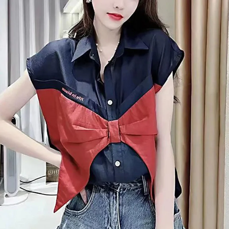 Fashion Lapel Spliced Loose Bow Folds Sleeveless Shirt Female Clothing 2024 Summer New Casual Tops Korean Fake Two Pieces Blouse leopard color block criss cross hollow out fake two piece mini dress new women s sexy sleeveless midnight party holiday outfits