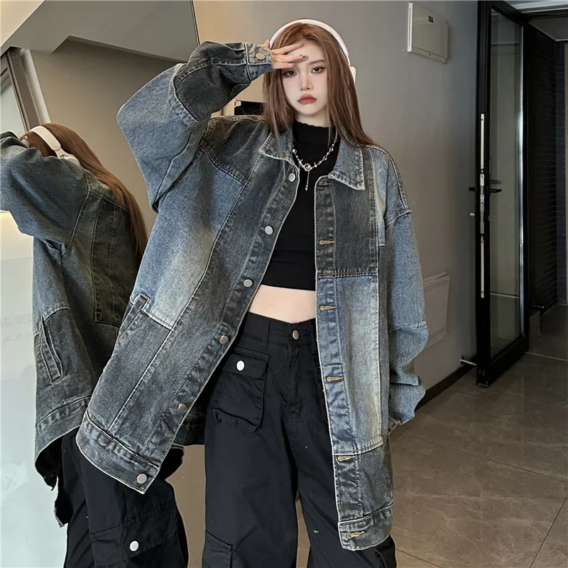 

2023 Vintage American Loose Fit Denim Jacket For Women With Retro Patchwork Design, Water Washed Distressed Finish For Students