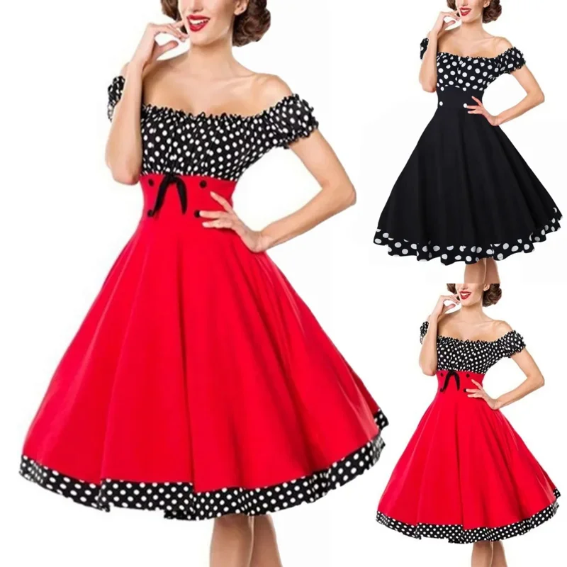 

Elegant Polka Dot Patchwork Vintage Dresses Women 2023 Robe Hepburn Style Slash Neck Off the Shoulder Summer Party Prom Dress