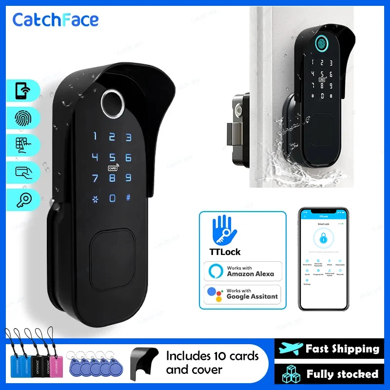 Impressão digital impermeável ao ar livre jardim Lock, controle remoto, TTLock App Code, Keyless Smart Door, Electric Rim Lock e Gateway Impressão digital impermeável ao ar livre jardim Lock, controle remoto, TTLock App Code, Keyless Smart Door, Electric Rim Lock e Gateway
