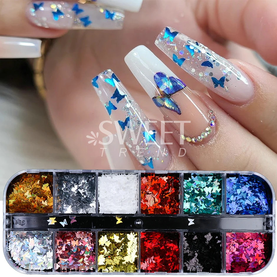 Sparkly Butterfly Nail Glitter Flakes Holographic Mirror Ultra-thin Paillette Summer Theme Charm Sequin Manicure Slices Spangles