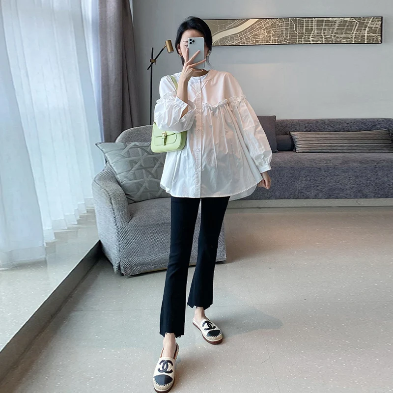 Maternity Cotton Long Sleeves Stand Collar Blouse European Fashion Design Pregnant Women