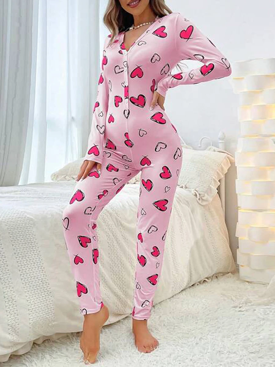 

Women's Valentine's Day Loungewear Jumpsuit Heart Print Long Sleeve V-Neck Front Button Down Bodycon Pajamas Bodysuit