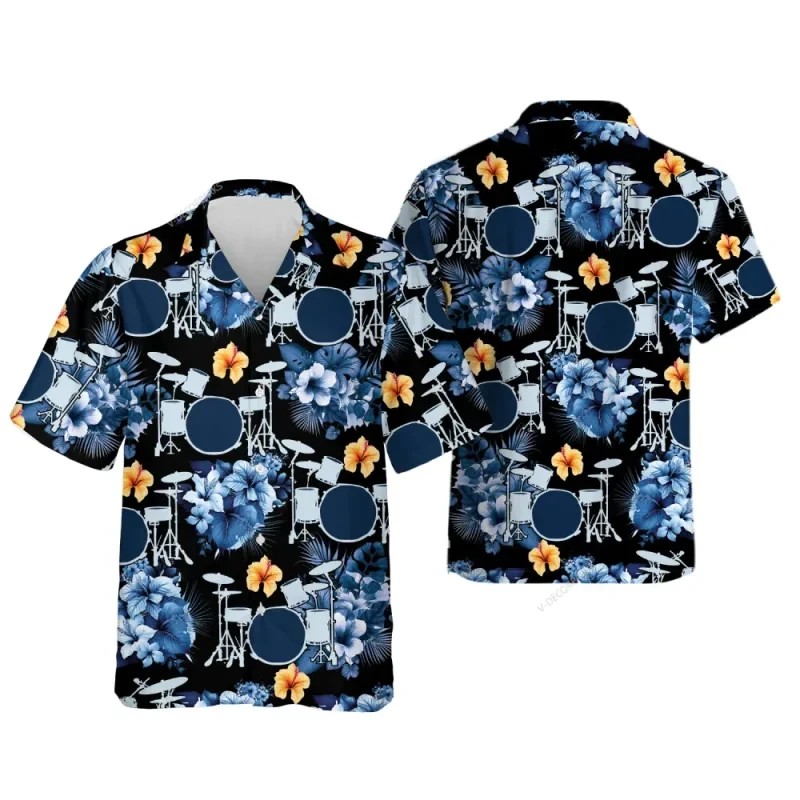 Hawaiian Shirts For Men Drum Graphic Summer Casual Short Sleeve Y2k Tops Oversized Streetwear Vintage Beach Blouse Clothing Male