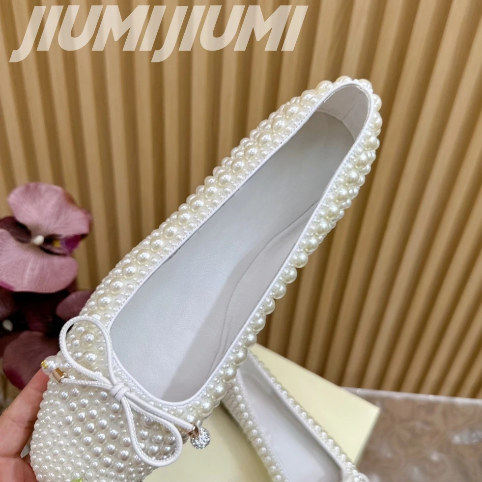 Luxury Brand String Bead Flat With Ballet Flats Shallow Pearl Almond Shaped Toes Zapatos Mujer Silk Butterfly Knot Woman Flats 4