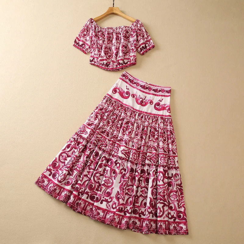 

European and American women's dress 2023 summer new style Short-sleeved flat-neck court print T-shirt Pleated skirt Fashion suit