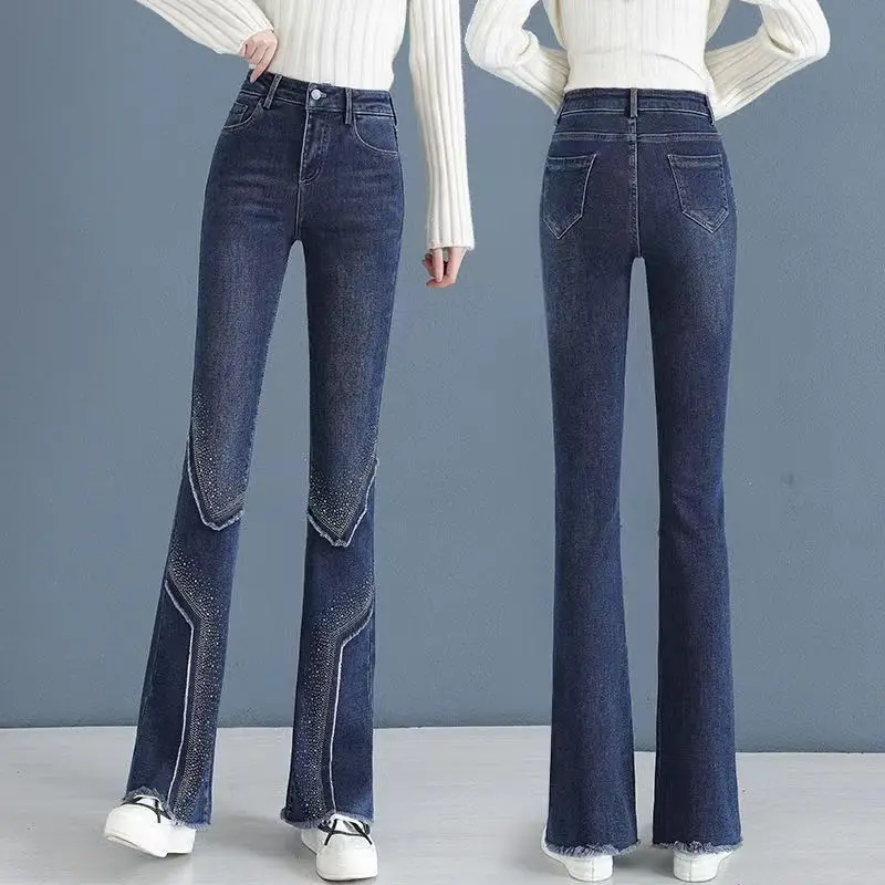 

High-waisted micro bell-bottoms high-quality hot diamond new spring and autumn style style slim pendulous feeling women's jeans