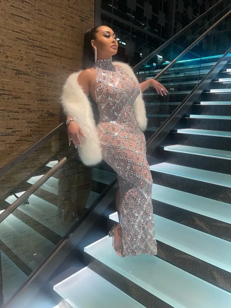Rhinestones Dress Sexy Mesh Celebrate Evening Wedding Prom Gown Birthday Dress Photograph Wear Sparkly Silver Sequins Rhinestones Sleeveless Dress