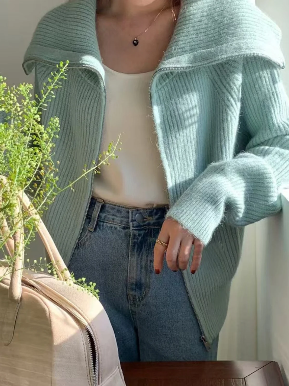 ay Zipper Ne Open Cardigan Sweater Women's Loose Knitted Top Winter Faion Korean Sle Big Collar Lazy Soft Warm Coat