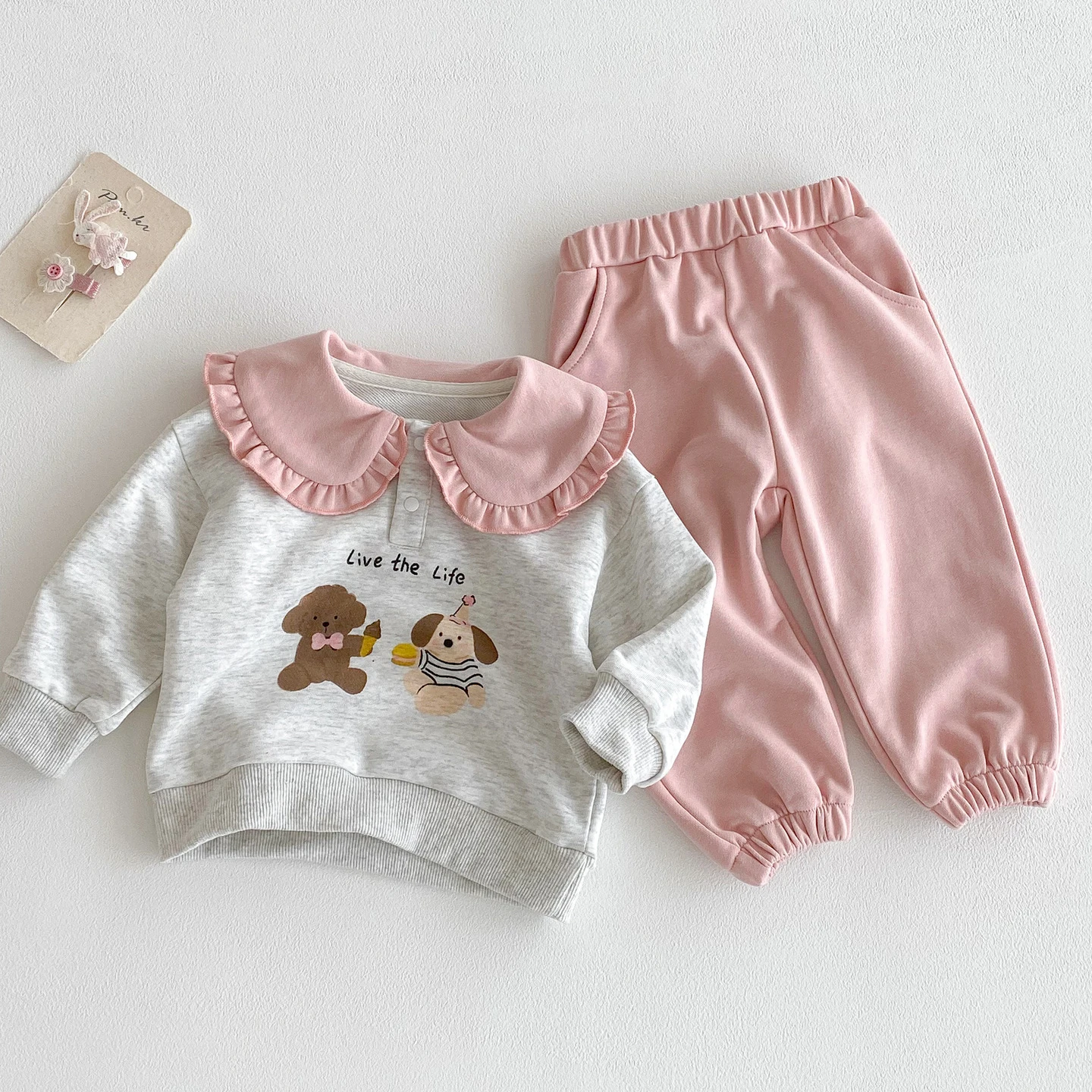 Girls Cartoon Print Hoodie and Pink Pants Sports Suit