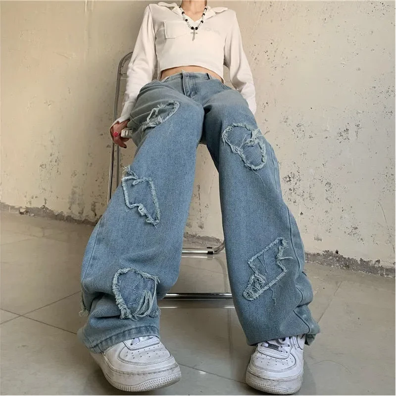 

Джинсы женские с завышенной талией, винтажные брюки с широкими штанинами в стиле хип-хоп, голубые мешковатые джинсы, уличная одежда, Y2K, 2024