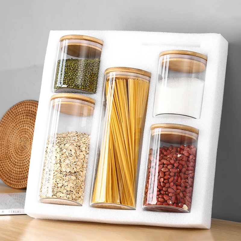 Stackable Kitchen Canisters Set Pack of 5 Clear Glass Food Storage Jars Containers with Airtight Bamboo Lid for Candy, Cookie