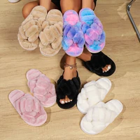 Popular Cross Furry Slippers Female Fluffy Slides Autumn Winter Outdoor Fashion Sexy EVA Light Flip Flops Sweat Soft Flat Shoes