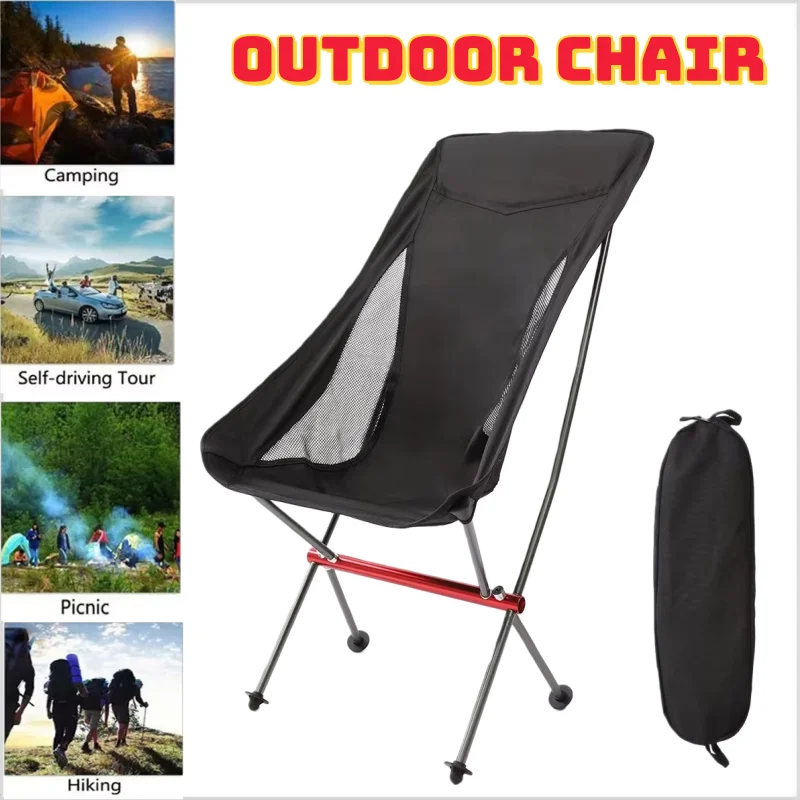 Fauteuil lune pliant pêche camping extérieur - Chaise relaxation dossier haut ultra légère portable