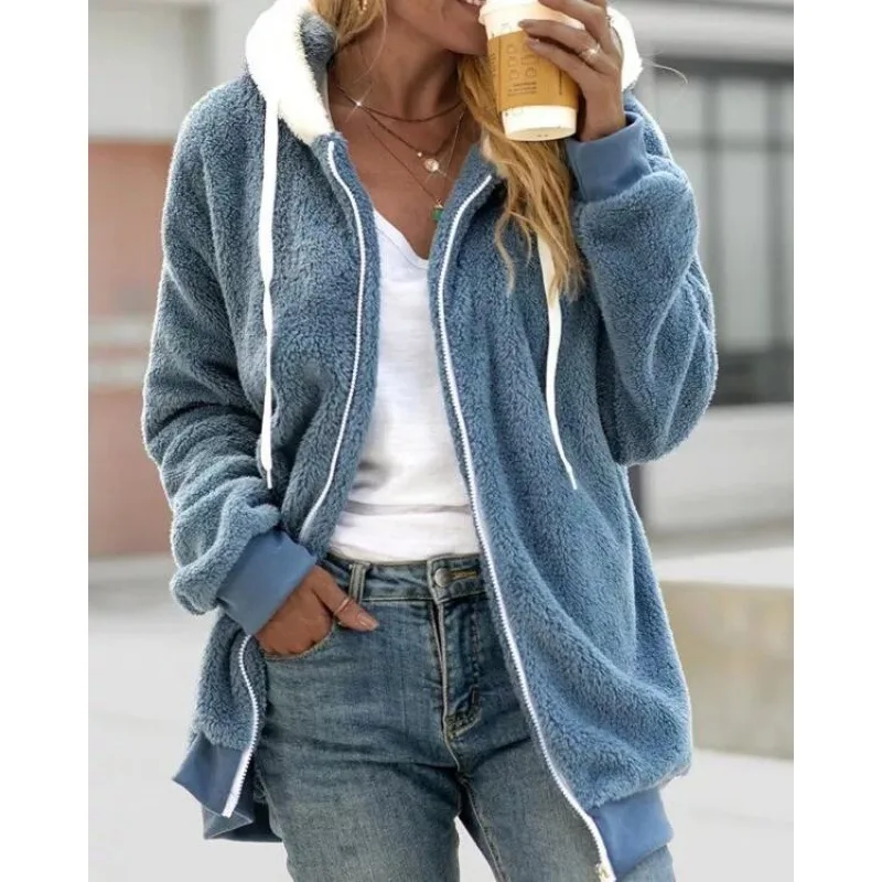 Women Fleece Hooded Jacket Fall Winter Long Sleeve Full Zipper Drawstring Tops  Fashion Comfy Warm