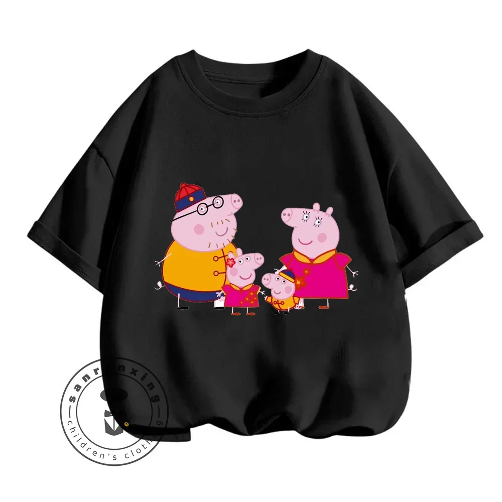 2024 Children Summer Peppa Pig Animated Cartoon Character Print Design O-neck Loose Version Type and Sporty Short Sleeve T-shirt 2