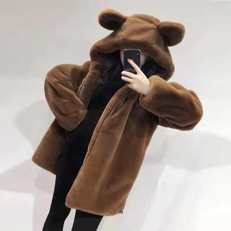 

Gidyq Women Waterproof Mink Jacket Winter Korean Midi Cute Hooded Fur Coats Thick Warm Female Loose Bear Ears Plush Overcoat New