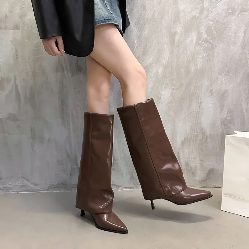 Women Gladiator Long Boots Trend Pointed Toe Mid Heels Shoes Elegant 2026 New Knee High Woman Knight's Snow Botas Pumps Mujer