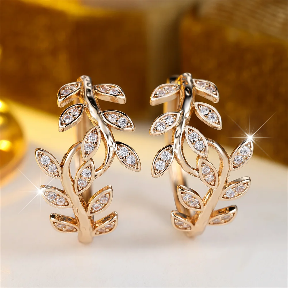 Trendy White Zircon Marquise Tree Leaf Hoop Earrings For Women Vintage Gold Color Ear Buckle Wedding Jewelry Engagement Gifts
